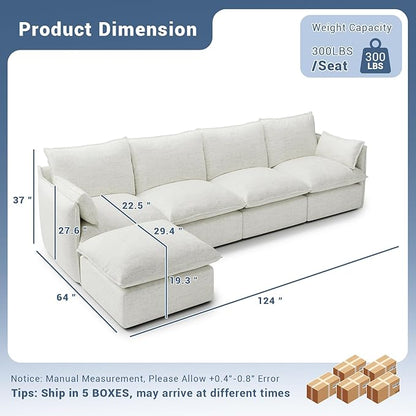 Lopzeho 124" Cloud Modular Sectional Sofa, Waterproof Down Filled Sectional Couch, High Backrest L Shaped 4 Seater Couch with Ottoman, Modern Modular Sofas with Removable Cover, Cream White