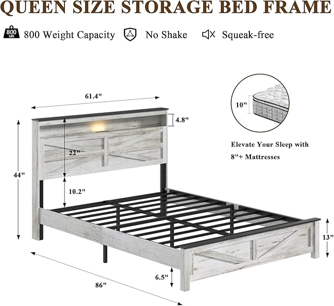 Farmhouse Queen Size Bed Frame with Headboard Storage Shelf, Wood Platform Bed Frame with LED Lights & Charging Station, Rustic White Metal Bed, No Box Spring Needed, Noise-Free Sturdy Structure