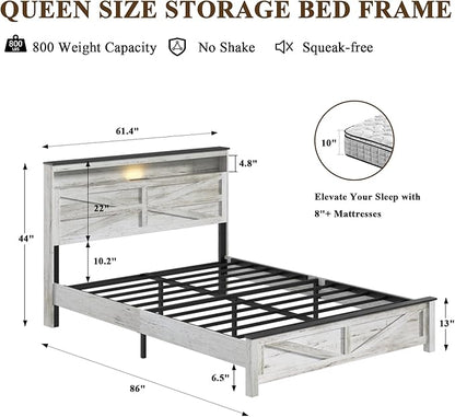 Farmhouse Queen Size Bed Frame with Headboard Storage Shelf, Wood Platform Bed Frame with LED Lights & Charging Station, Rustic White Metal Bed, No Box Spring Needed, Noise-Free Sturdy Structure