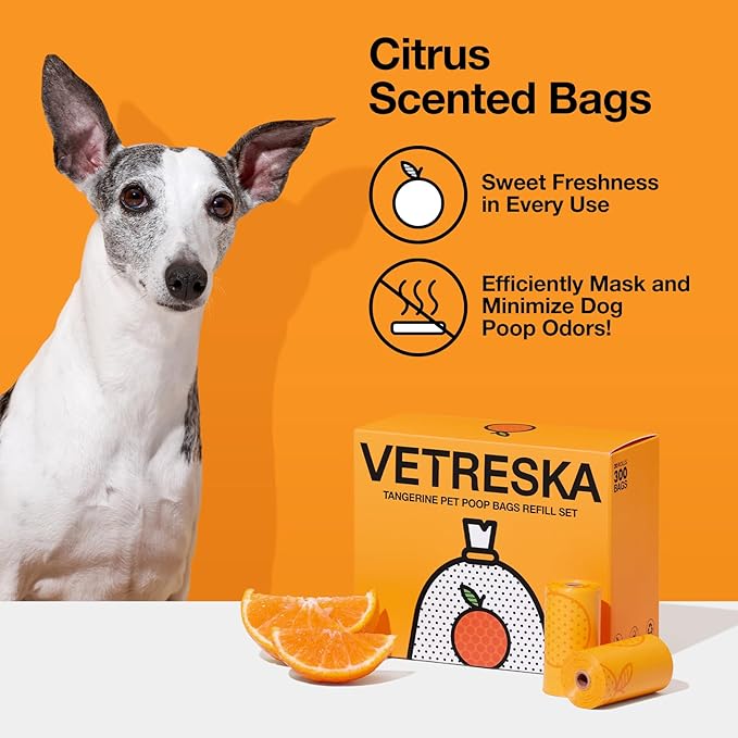 VETRESKA Citrus Scented Dog Poop Bags, Leak Proof, Extra Thick and Large Pet Waste Bags for Dogs Walking, Cat Litter and Babies' Diaper, 300 Count Bags (20 Refill Rolls), Orange