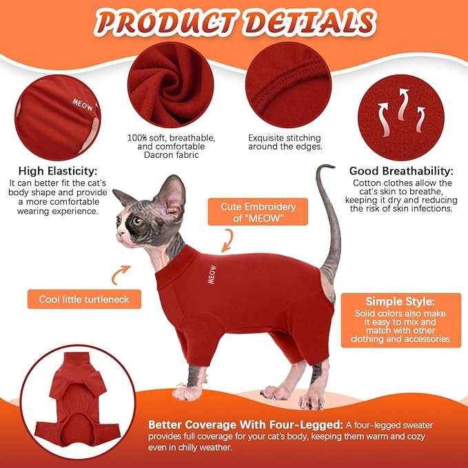 ROZKITCH Hairless Cat Clothes, Breathable Soft Cat Jumpers for Cats Only, Cat Coat with Four Legs, Warm Cat Sweater Cat T-Shirt Cat Pajamas Jumpsuit Vest Cornish Rex Devon Rex Peterbald Red XL