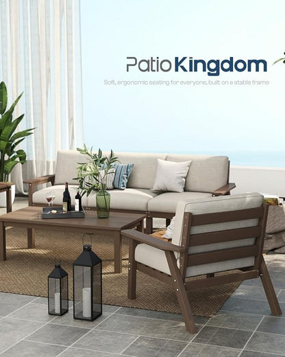 Patio Kingdom Patio Furniture Set 8 Seats, HDPE Outdoor Sectional with Beige Washable Thick Cushions, Coffee Table, Patio Conversation Sets for Lawn, Garden, Porch, Balcony, Deck (Brown Frame)