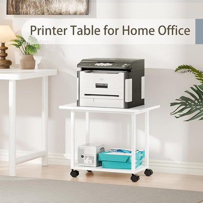 MARTY 22"x15.75" Large Under Desk Printer Stand with Storage Shelf 2-Tier Rolling Printer Cart with Wheels Printer Table for Home Office Heavy Duty Storage Rack for Scanner Fax Machine, White