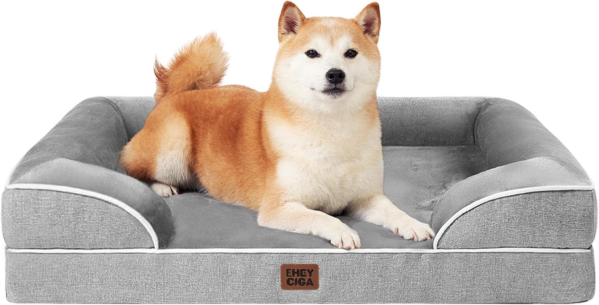 EHEYCIGA Orthopedic Dog Beds for Large Dogs, Waterproof Memory Foam Large Pet Bed with Sides, Non-Slip Bottom and Egg-Crate Foam Dog Couch Bed with Washable Removable Cover, Grey