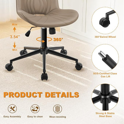 VATROS Office Chair, Armless Desk Chair with Wheels, Ergonomic Comfy Home Office Computer Task Chairs,Faux Leather Padded Cute Vanity Chair, Adjustable Height Swivel Chair with Back, Khaki