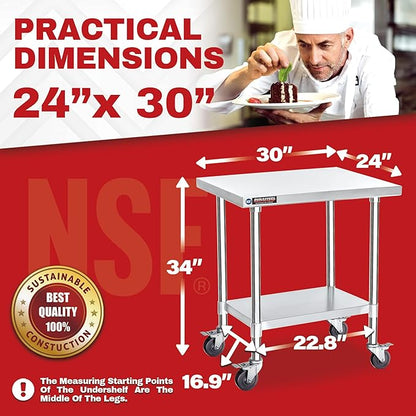 DuraSteel 24x30 NSF Stainless Steel Cart Work Table - Heavy Duty Rolling Food Prep Table Countertop Island - Metal Utility Cart on Wheels Caster, Grill Stand Storage Outdoor Kitchen Tables Bar Top