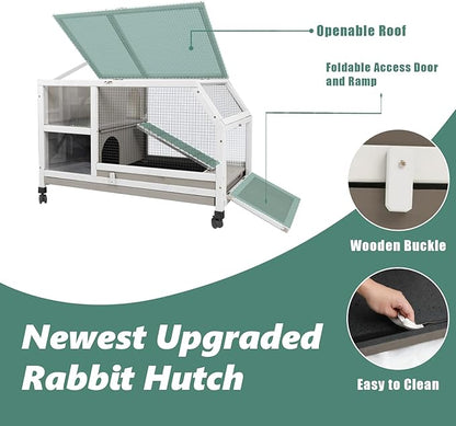 Gowoodhut Indoor Rabbit Hutch - 36''L Outdoor Wooden Bunny Hutch with Wheels Rabbit Cage Guinea Pig Cages Removable Pull Out Tray, Ramp, Hideout, Small Animals Pet House Hamster Ferret for Bunny Cage