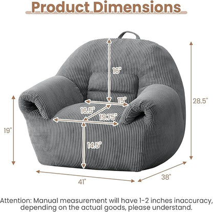 Peace nest Bean Bag Chair with Memory Foam Filled Ultra Soft Corduroy Cover for Adults Comfy Fur Bean Bag Chairs with Armrests for Bedroom Living Room Office Dorm Reading Grey