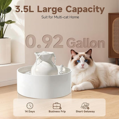 PETIMI Ceramic Cat Water Fountain, 3L/101 fl oz Ultra-Quiet Pet Water Fountain, Automatic Water Dispenser for Cats & Small Dogs, No Spill Cat Water Bowl, BPA-Free, 2 Filters Included, Easy to Clean