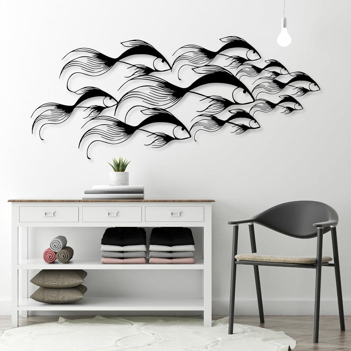 School of Fish Metal Wall Art, Metal Fish Wall Decor, Sea Life Wall Art, Large Nautical Wall Hanging, Modern Beach House Wall Decor, Ocean Themed Artwork for Bathroom (Silver, 48"x20" | 121x51cm)