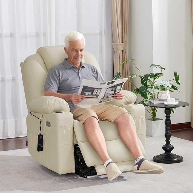 MCombo Power Lift Recliner Chair for Elderly, Lift Chair with Heat and Massage, FSC Certified, USB Ports, Cup Holders, Faux Leather 7040 (Cream White, Medium)