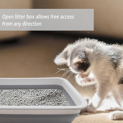Collapsible Small Cat Litter Box, 14.6 x 10.6 x 4.8 inch Open Waterproof Low Entry Kitten Potty Pan Semi-Enclosed Pet Toilet for Sick Frail Kitty Grey