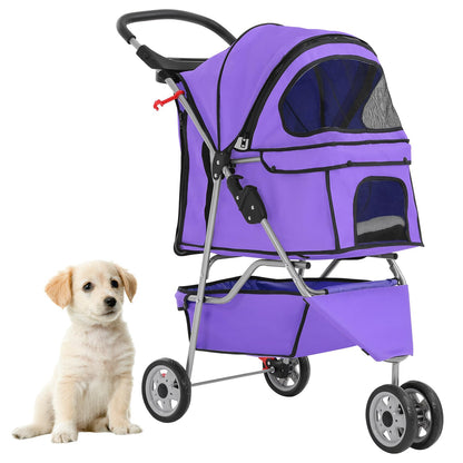 Foldable Pet Stroller,Dog Stroller with 3 Wheel,Pet Strolling Cart,Dog Travel Carrier with Storage Basket and Cup Holder for Dog Puppy,Purple