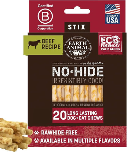 Earth Animal No Hide Stix - Long Lasting Rawhide Free Small Dog Chews Sticks, Beef - 20 Count Value Pack