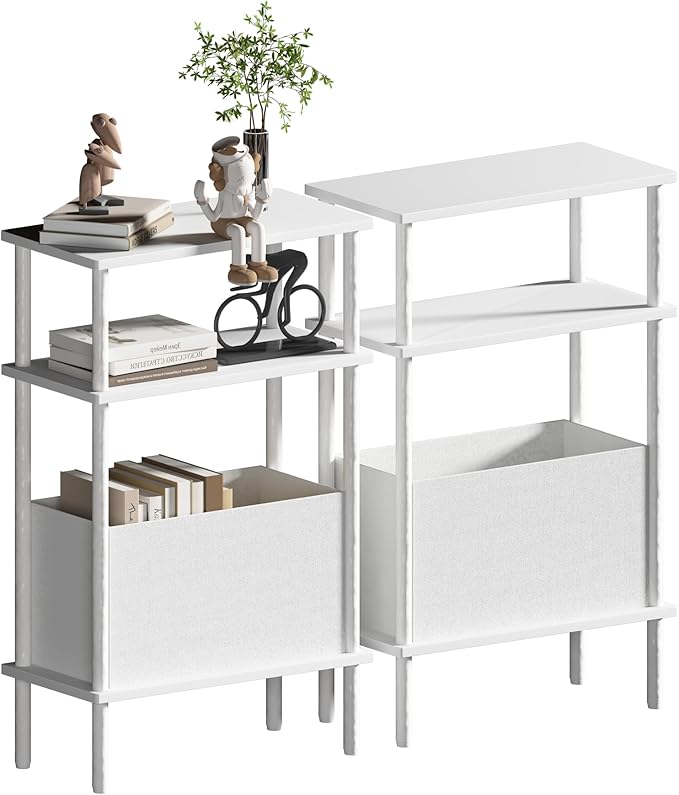 Narrow Side Table with Fabric Basket, Set of 2 End Table for Small Spaces, Slim Nightstand with 3-Tier Storage Shelf, Sofa Beside Table, for Living Room, Bed Room, Natrual White