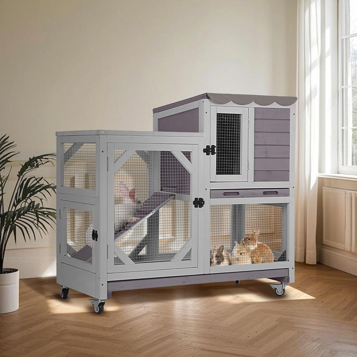 Rabbit Hutch Indoor for 2-4 Rabbits & Guinea Pigs，Bunny Cage with Slide-Out Plastic Trays，Wooden Small Animal Cage for Rabbits, Bunnies, and Guinea Pigs
