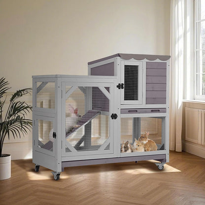 Rabbit Hutch Indoor for 2-4 Rabbits & Guinea Pigs，Bunny Cage with Slide-Out Plastic Trays，Wooden Small Animal Cage for Rabbits, Bunnies, and Guinea Pigs