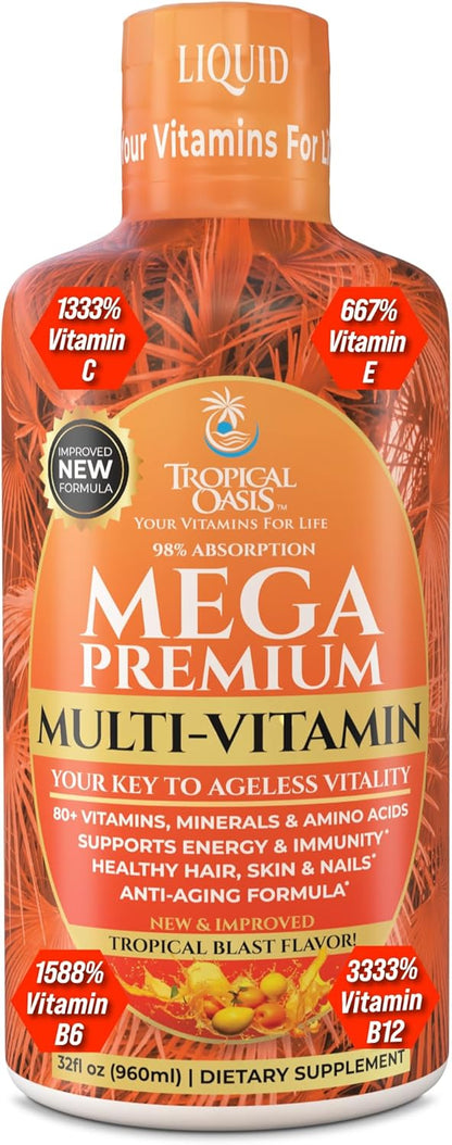 Mega Premium Liquid Multivitamin | Natural Immune Support Vitamin w/ 1333% Vitamin C, 200% D3, Zinc + 20 Vitamins, 70 Minerals, & 21 Amino Acids | Sugar Free | Orange Flavor | 98% Absorption | 32 Serv