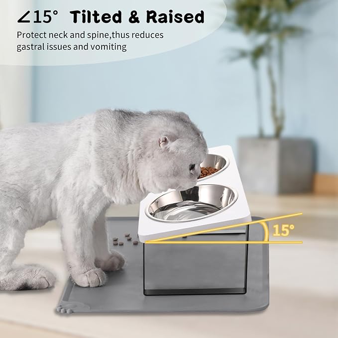 Upgraded Elevated Cat Bowls with Food Mat,15°Tilted Stand Anti Vomiting Raised Cat Dishes for Food and Water,2 Stainless Steel Bowls for Cats and Puppy（White）