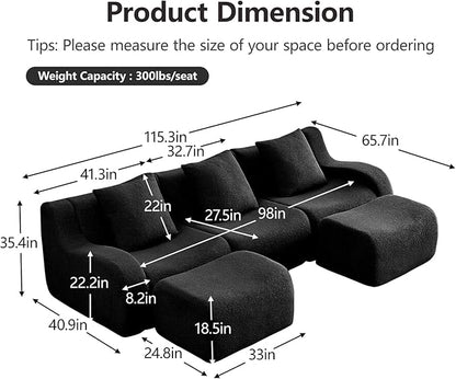 Black U-Shaped Cloud Couch with 2 Ottomans, Modern Teddy Fabric Boneless Sectional Sofa in a Box for Living Room, Modular Floor Couch, Deep Seat, No Assembly Required, Sofas para Sala