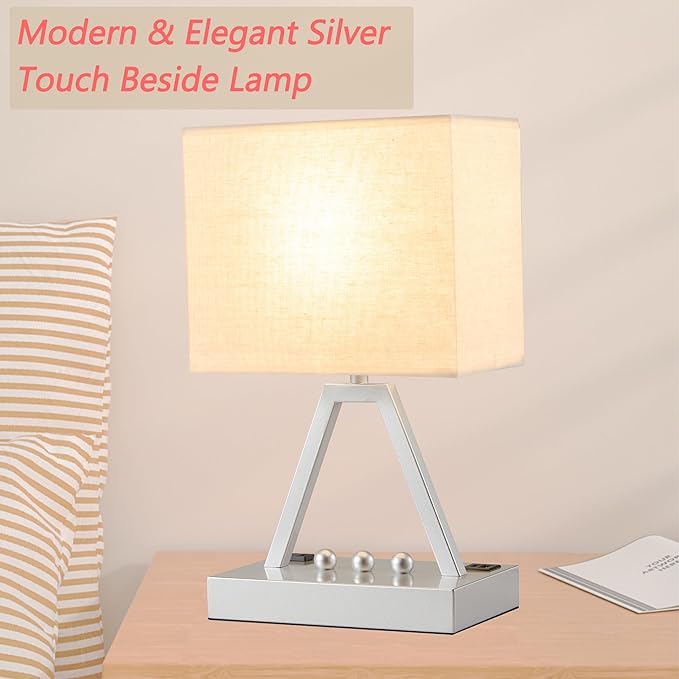 Briever Touch Control Table Lamp, 3-Way Dimmable Desk Lamp with USB C & A and AC Outlet, Bedside Lamp with Phone Stand and Fabric Shade for Bedroom, Living Room, Bulb Included, Silver