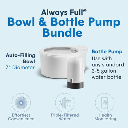 Always Full® 7" Self-Refilling Cat Water Bowl & Bottle Pump Bundle | Self-refilling filtered water with app-enabled hydration monitoring; easily upgradeable to the Always Full® Wall Unit.