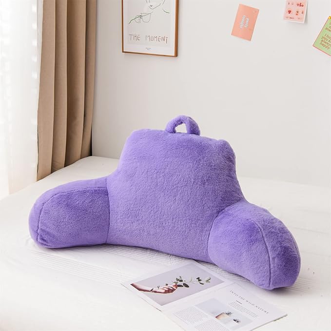 A Nice Night Faux Fur Reading Pillow Bed Wedge Large Adult Children Backrest with Arms Back Support for Sitting Up in Bed/Couch for Bedrest,Lightpurple