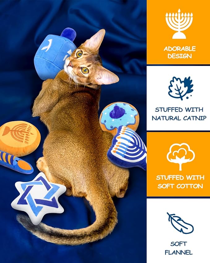 CiyvoLyeen Hanukkah Catnip Toys Set of 6 Soft Holiday Plush Cat Toys Interactive Catnip Filled Kitty Supplies for Cats Lovers Chanukah Gift Dreidel Cat Teething Chew Toy