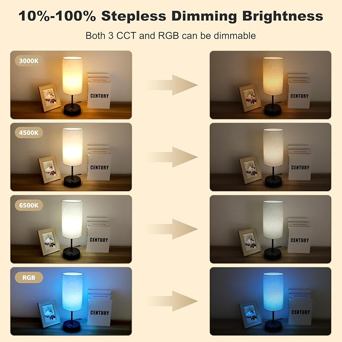 Unicozin Table Lamp, 3 CCT 3000K/4500K/6500K & RGB Color Changing, Stepless Dimmable Small Bedside Lamp for Reading, Ambience Nightstand Light for Home Decor Party, Beige Shade
