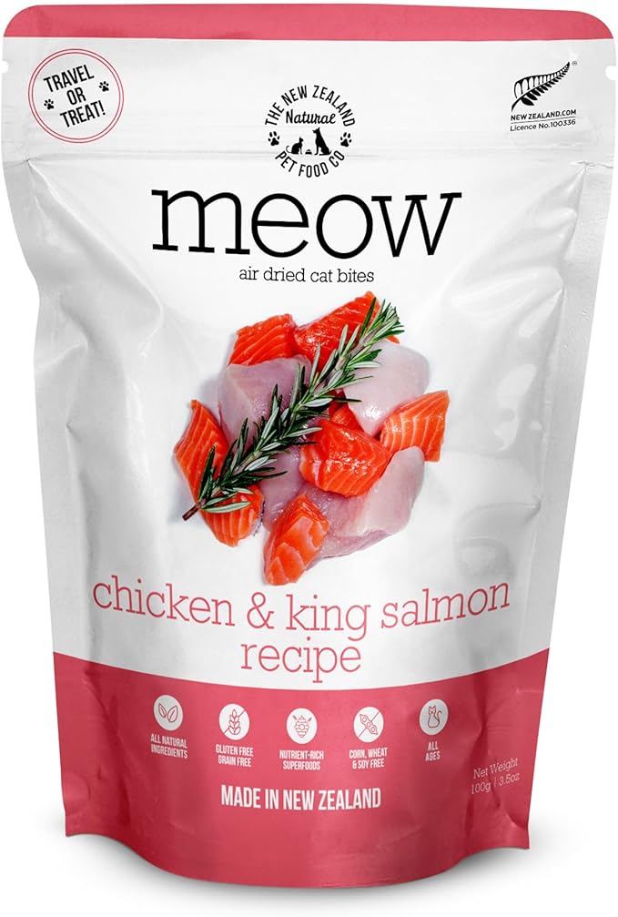 The New Zealand Natural Pet Food Co Meow e - Chicken & King Salmon Recipe, Dry Cat Food Use as a Complete Diet, Topper, Mixer, or as Cat Training Treats, All Life Stages, 3.5 oz