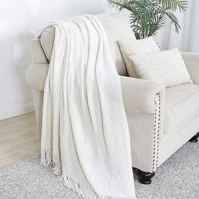 BOURINA Off White Throw Blanket 60x80 Inches Throw Textured Solid Soft Sofa Throw Couch Knitted Decorative Blanket