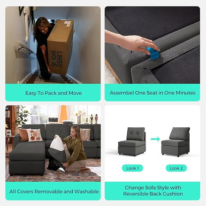 LINSY HOME Modular Sectional Sofa Oversized, Removable Cover Living Room Couches with Storage Deep Seat & Ottoman Chaise L/U Shaped Sofa Modern Couch (Dark Grey, 3 Seats)