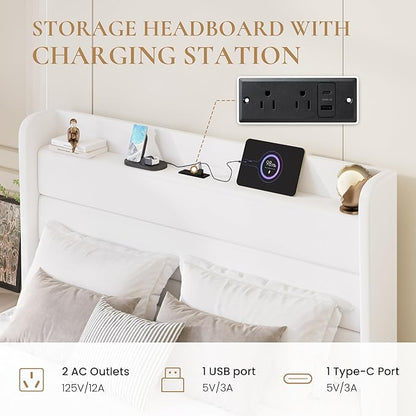 SHA CERLIN Full Size Bed Frame with Charging Station, Velvet Upholstered Platform Bed, Wingback Storage Headboard, Type-C & USB Ports, Strong Wooden Slats, No Box Spring Needed, Easy Assembly, White