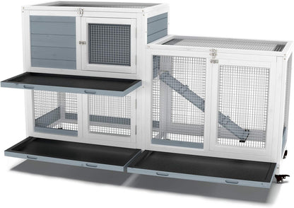 GDLF Two Floors 58" Wooden Indoor Bunny Hutch Rabbit Cage on Wheels Guinea Pig PET House for Small to Medium Animals Waterproof No Leak Tray