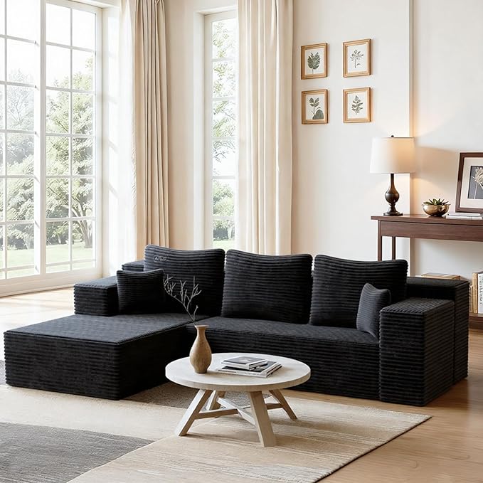 106'' Boneless Couches for Living Room, L Shaped Modular Sectional Sofa with Chaise Lounge, Faux Rabbit Fur & Layered Cushion Deep Seat Cloud Couch, No Assembly (Black, Left Facing Chaise)