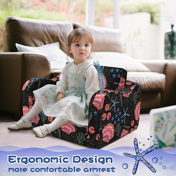 MeMoreCool Folding Kids Couch – 2-in-1 Toddler Sofa Bed, Lounge Chair for Ages 1-3, Playroom Furniture with Removable Cover Lightweight & Portable | Washable | Ideal for Naptime or Travel