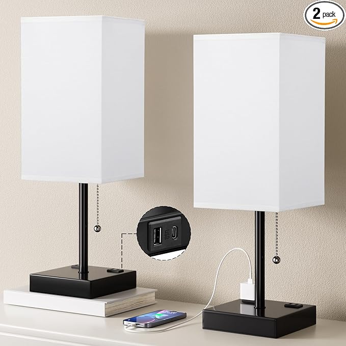Plus Bedside Table Lamps Set of 2 - White Bedroom Lamps with 3 Colors, Square Nightstand Lamp with USB C + A Charging Ports and 2 AC Outlets, Pull Chain Night Light for End Table