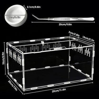 Acrylic Reptile Terrarium, Tarantula Enclosure with Magnetic Door, Easy-Clean Reptile Tank for Spider, Insect, Gecko, Mantis, Frog, Snail, Isopods(Tweezer and Bowl Included)