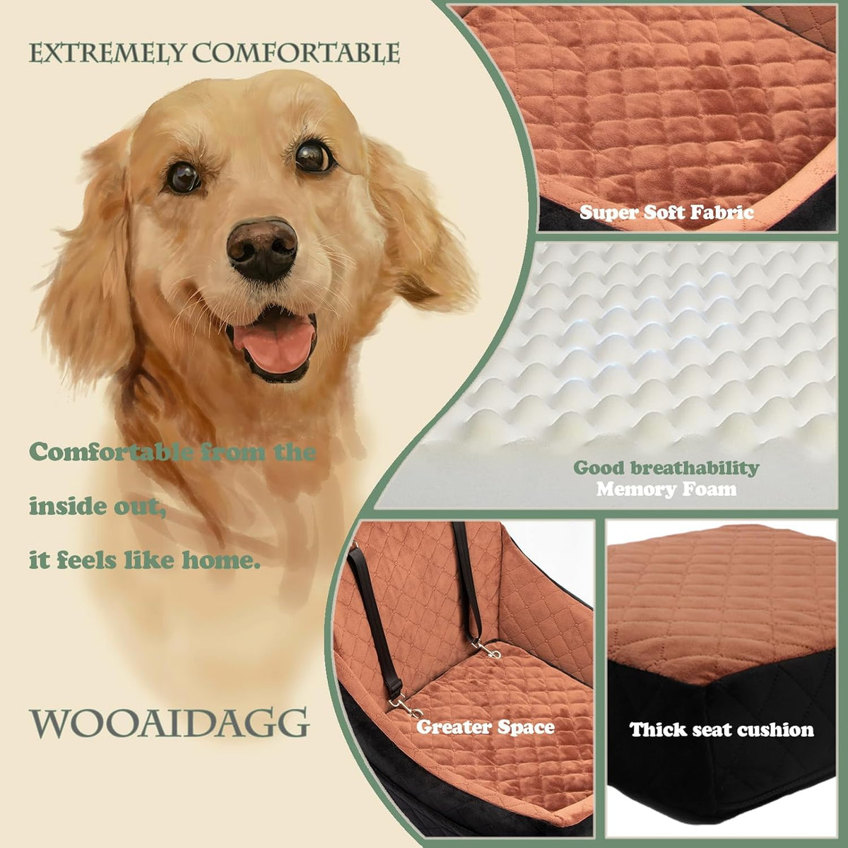 Dog Car Seat for Medium Dogs, Pet Travel Bed with Seat Belt Channel, Fully Detachable and Washable, 3 Straps Easy to Install (Red)