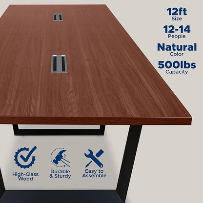 ahliss Sturdy Conference Table with Cable Management Grommets Modern Rectangle Office Meeting Table with Wood Tabletop and Metal Frame & Legs- Easy Assembly Boardroom Table (Mahogany, 12 Foot)