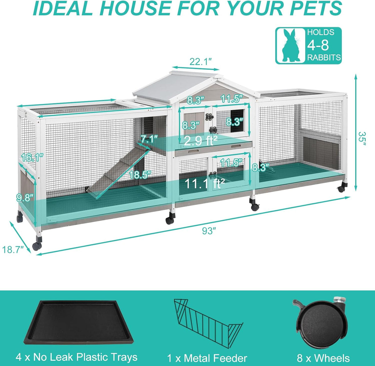 2-Tier Rabbit Hutch with Wheels, Indoor & Outdoor Small Animal Cage with Deep Pull-Out Tray, Anti-Chew Frame, Habitat for Bunny, Guinea Pig, Chinchilla (93" L x 19" W x 35" H)