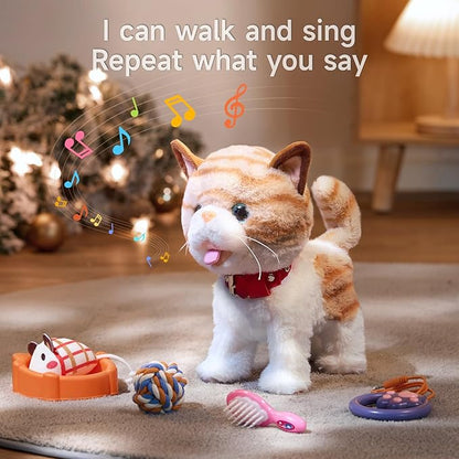 OR OR TU Walking Talking Toy Cat with Remote Control Leash, Plush Pet Electronic Interactive Toys for Kids, Wag Tail, Singing, Pretend Dress Up Realistic Stuffed Cat Age 3 4 5+ Years Old Best Gift