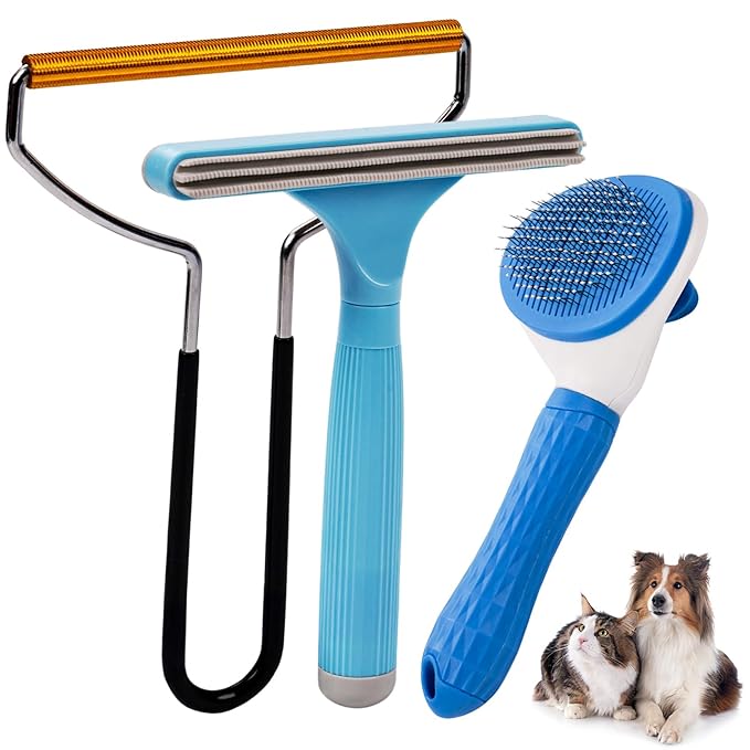 3 in 1 Analan Cat Brush Pet Hair Remover for Dog & Cat, Self-Cleaning Slicker Brush for Pet Grooming, Perfect Pet Hair Removal Tool for Furniture Carpets Couches and Bedding (Sky Blue)
