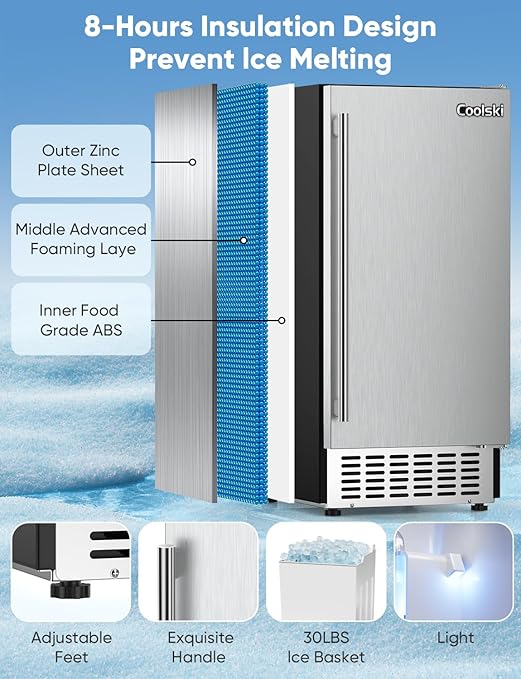 Coolski 15" W Commercial Under Counter Ice Maker Machine, 80 Lbs/Day, Bulit-in