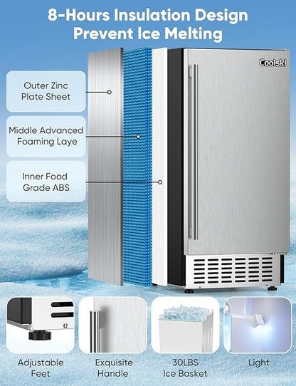 Coolski 15" W Commercial Under Counter Ice Maker Machine, 80 Lbs/Day, Bulit-in