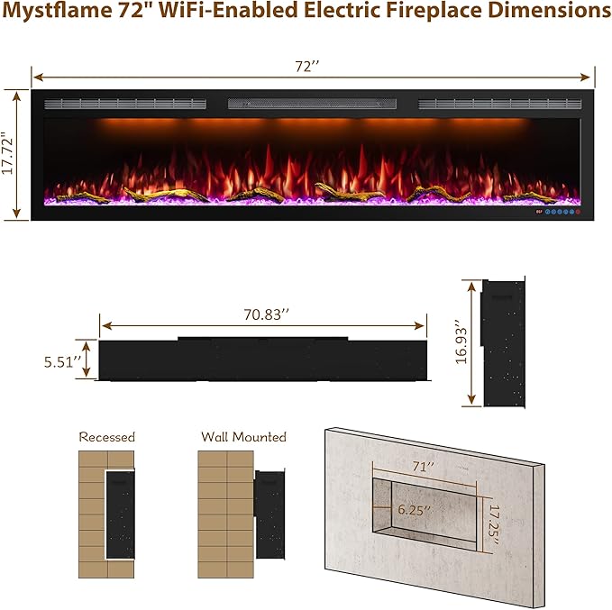 72 Inch WiFi-Enabled Electric Fireplace Inserts & Wall Mounted, Slim Electric