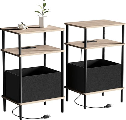 Small Side Table with Charging Station, Set of 2 End Table for Small Spaces, Slim Nightstand with Outlet,Sofa Beside Table, 3-Tier Storage Shelf,Living Room, Bed Room, Natrual Walnut