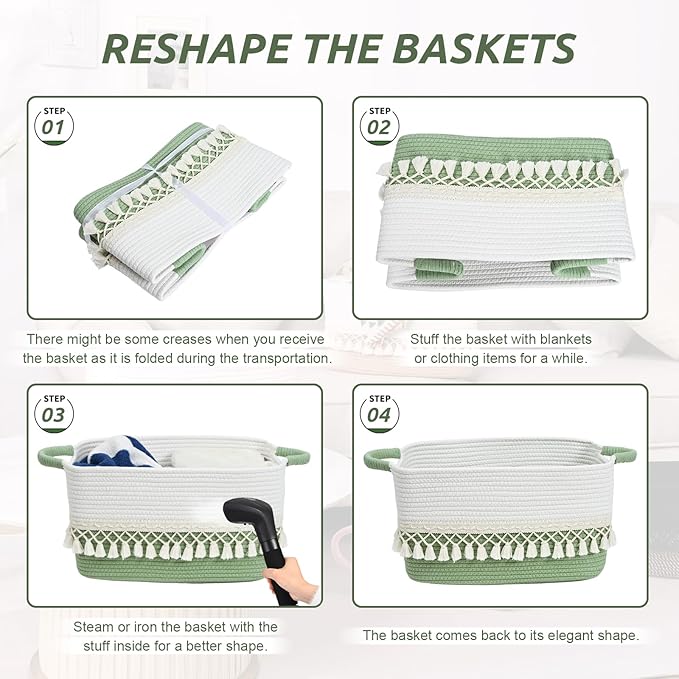 2 Pack Storage Basket, Heavy Tassel Woven Baskets for Storage, Boho Cotton Rope Storage Bin, Cube Organizer Bins, Baby Laundry Basket for Clothes, Toys, Diapers, Pets（White & Green）