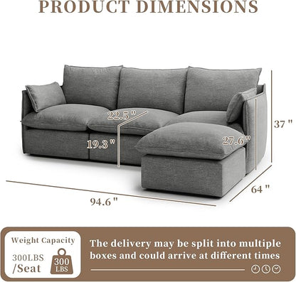 Gtilzria Waterproof Cloud Sectional Couches,High Backrest Down Filled Sofa for Living Room,94.5" Modular Sofas L-Shaped with Ottoman,Detachable Couch Covers,Dark Grey