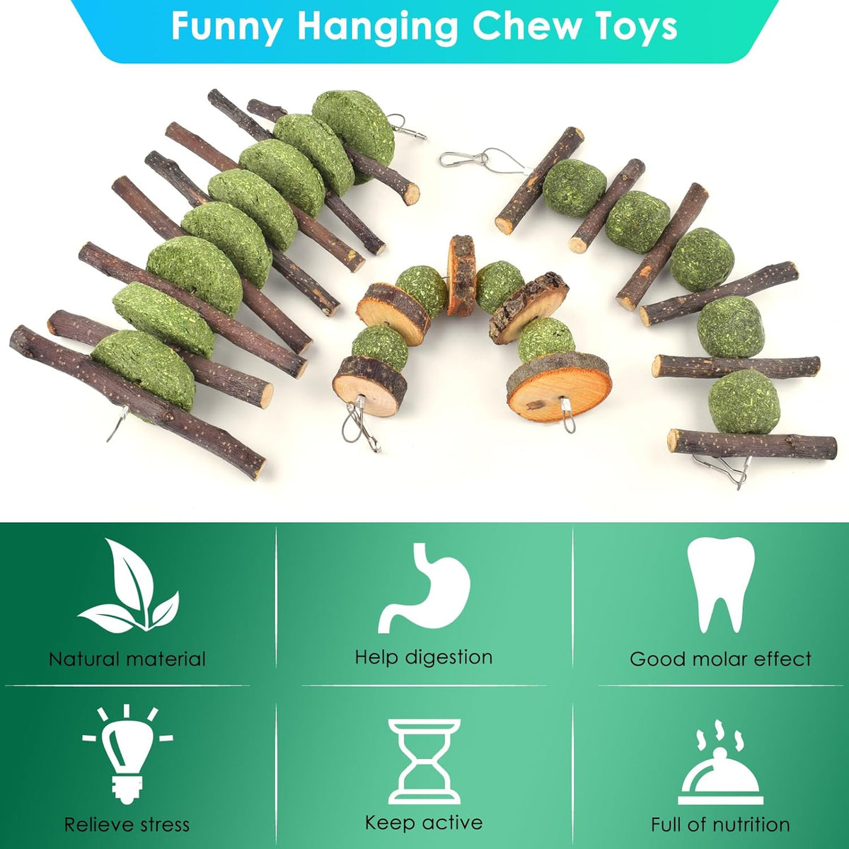 ERKOON Bunny Chew Toys, Rabbit Chew Toys for Teeth Grinding, Improve Dental Health, 100% Natural Apple Wood Timothy Grass Cake Treats for Rabbits Guinea Pigs Chinchillas Bunnies Hamsters (5 Pcs)